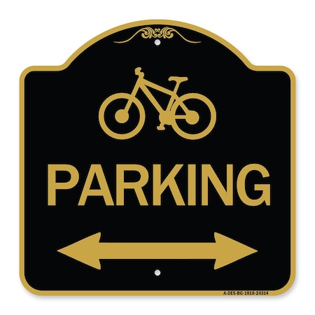 Signmission Bicycle Parking W/ Bidirectional Arrow, Black & Gold Aluminum Sign, 18" x 18", BG-1818-24314 A-DES-BG-1818-24314